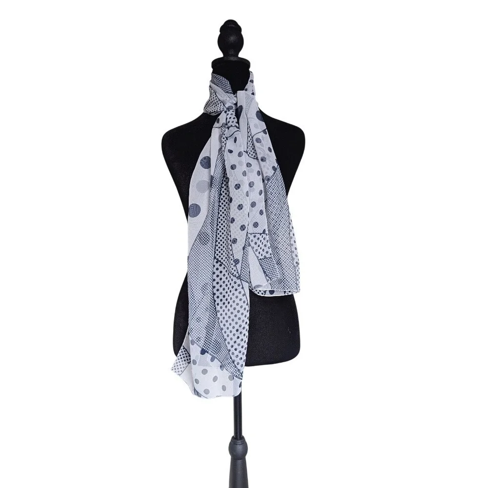 Vintage 90s Maximalism Romantic Navy Blue Geometric Polka Dot Sheer Silk Scarf